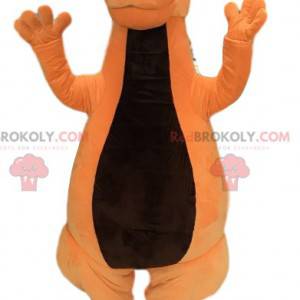 Vriendelijke oranje dinosaurusmascotte. Dinosaurus kostuum -